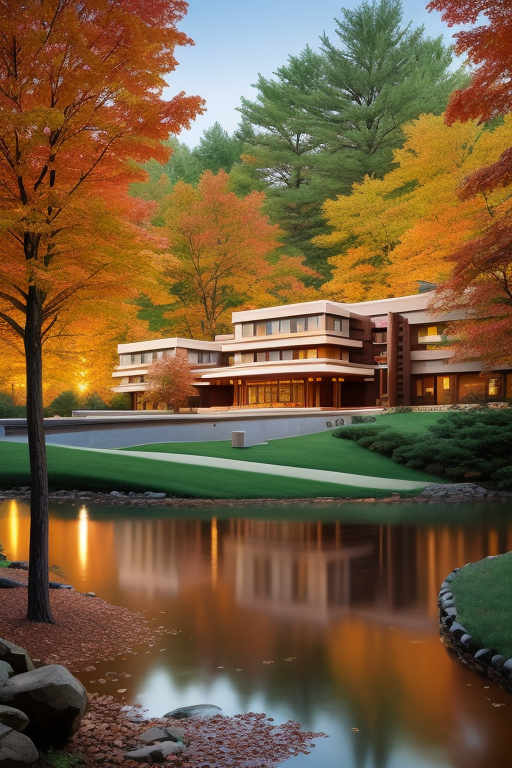 , Hotel, Townhouse, Hotel, designed by Frank Lloyd Wright, Post-Modern Architecture, morning, in the forest