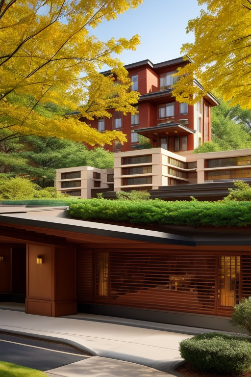 , Hotel, Townhouse, Hotel, designed by Frank Lloyd Wright, Post-Modern Architecture, morning, in the forest