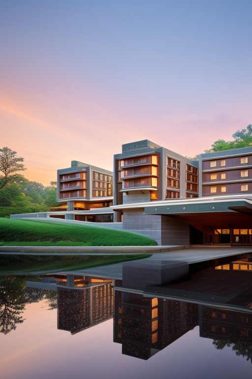 , Hotel, Townhouse, Hotel, designed by Frank Lloyd Wright, Post-Modern Architecture, morning, in the forest