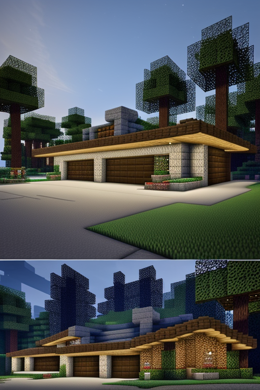 Create a Garage in minecraft in the biome of Taiga, designed by Frank Lloyd Wright, Bauhaus Architecture, night time