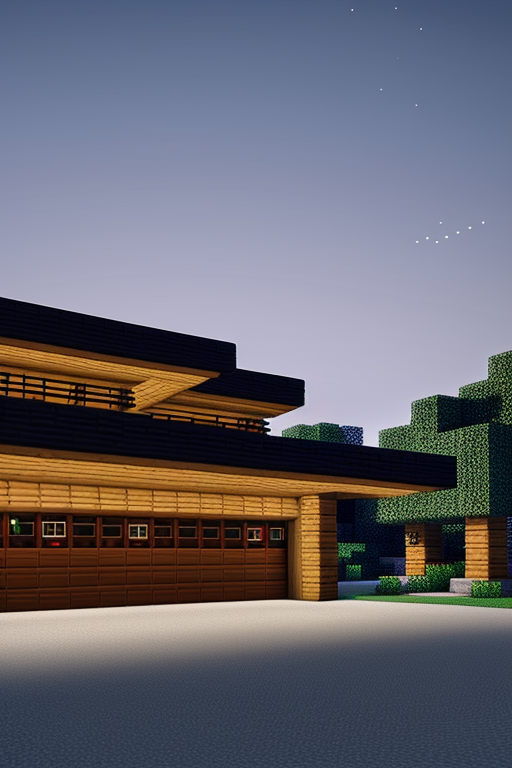 Create a Garage in minecraft in the biome of Taiga, designed by Frank Lloyd Wright, Bauhaus Architecture, night time