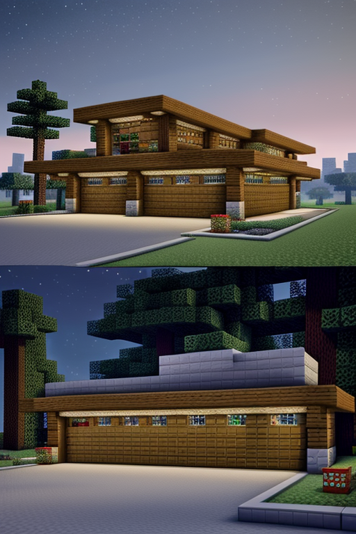 Create a Garage in minecraft in the biome of Taiga, designed by Frank Lloyd Wright, Bauhaus Architecture, night time