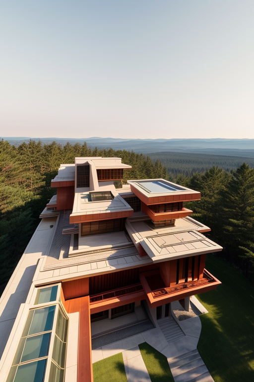 , Building, designed by Frank Lloyd Wright, Post-Modern Architecture, afternoon, on Mars, in the forest