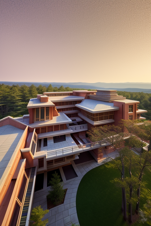 , Building, designed by Frank Lloyd Wright, Post-Modern Architecture, afternoon, on Mars, in the forest
