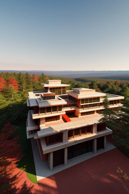 , Building, designed by Frank Lloyd Wright, Post-Modern Architecture, afternoon, on Mars, in the forest