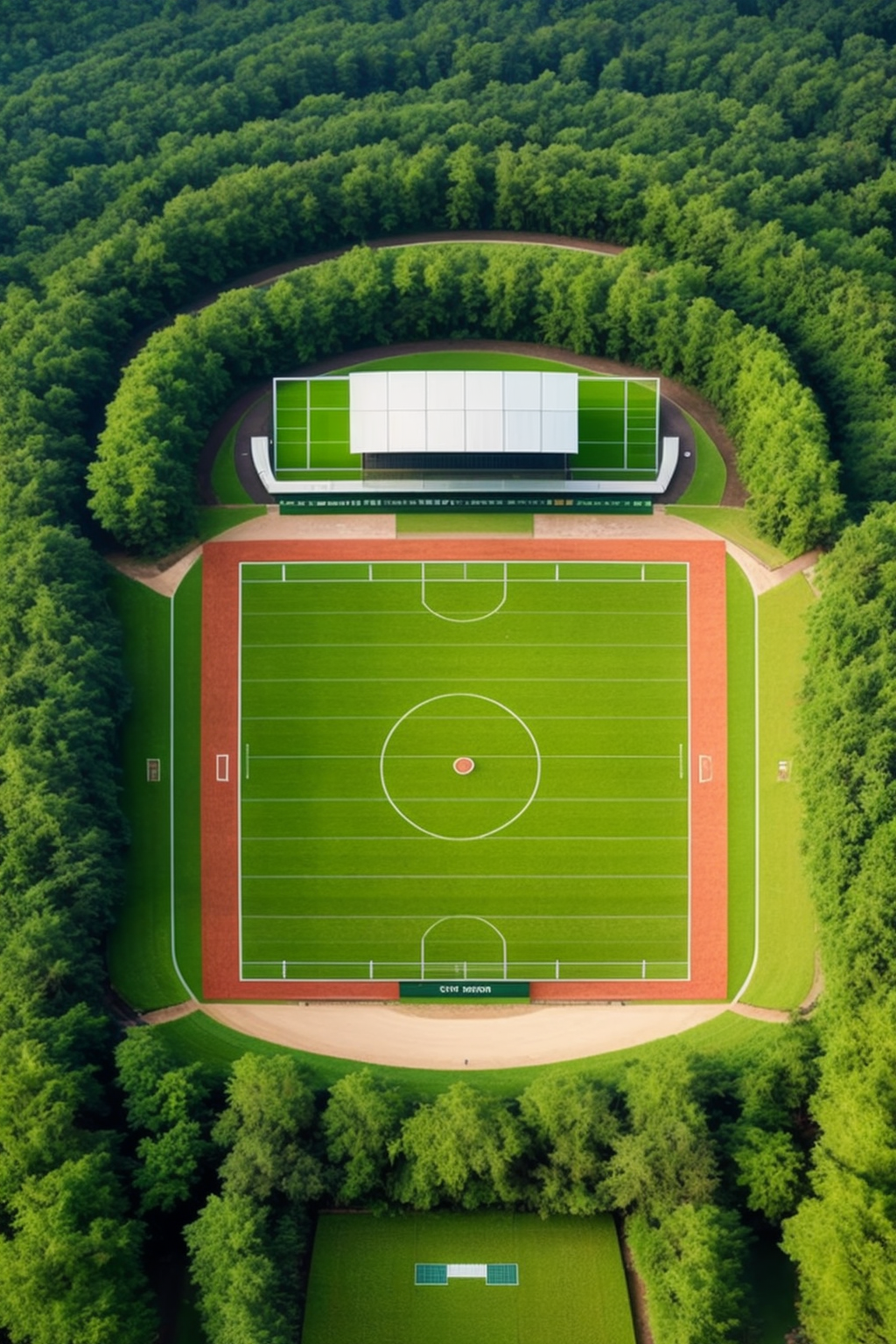 bird eye view of Football pitch in the middle of rice field, Stadium, in the forest