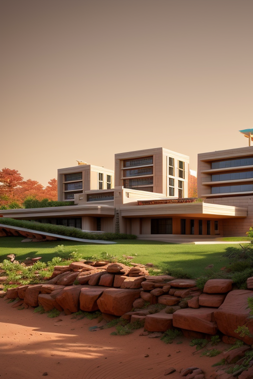 , Building, designed by Frank Lloyd Wright, Post-Modern Architecture, afternoon, on Mars, in the forest