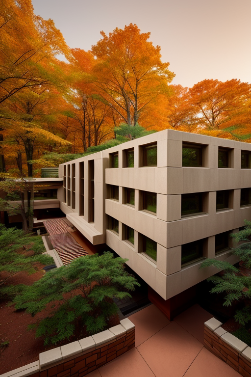 , Building, designed by Frank Lloyd Wright, Post-Modern Architecture, afternoon, on Mars, in the forest