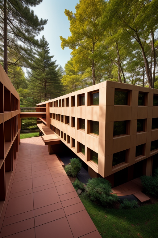 , Building, designed by Frank Lloyd Wright, Post-Modern Architecture, afternoon, on Mars, in the forest