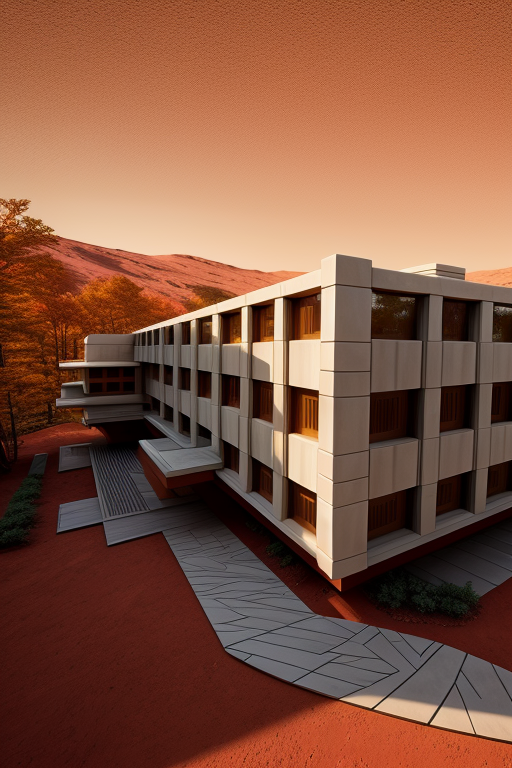 , Building, designed by Frank Lloyd Wright, Post-Modern Architecture, afternoon, on Mars, in the forest