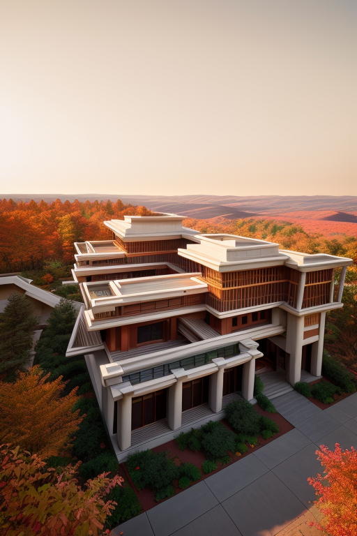 , Building, designed by Frank Lloyd Wright, Post-Modern Architecture, afternoon, on Mars, in the forest