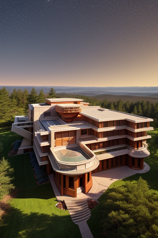 , Building, designed by Frank Lloyd Wright, Post-Modern Architecture, afternoon, on Mars, in the forest