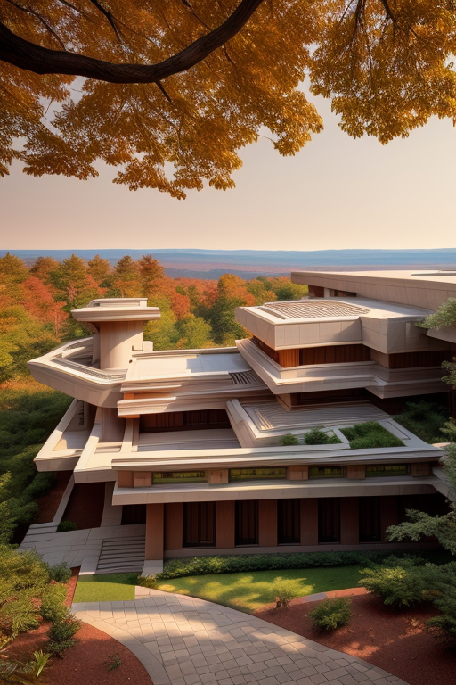 , Building, designed by Frank Lloyd Wright, Post-Modern Architecture, afternoon, on Mars, in the forest