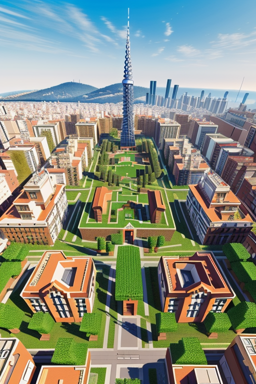 Create a village in minecraft, designed by Mies Van der Rohe, Neofuturist Architecture, afternoon, in Barcelona, 