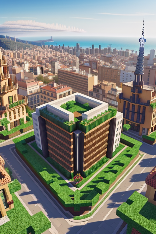 Create a village in minecraft, designed by Mies Van der Rohe, Neofuturist Architecture, afternoon, in Barcelona, 