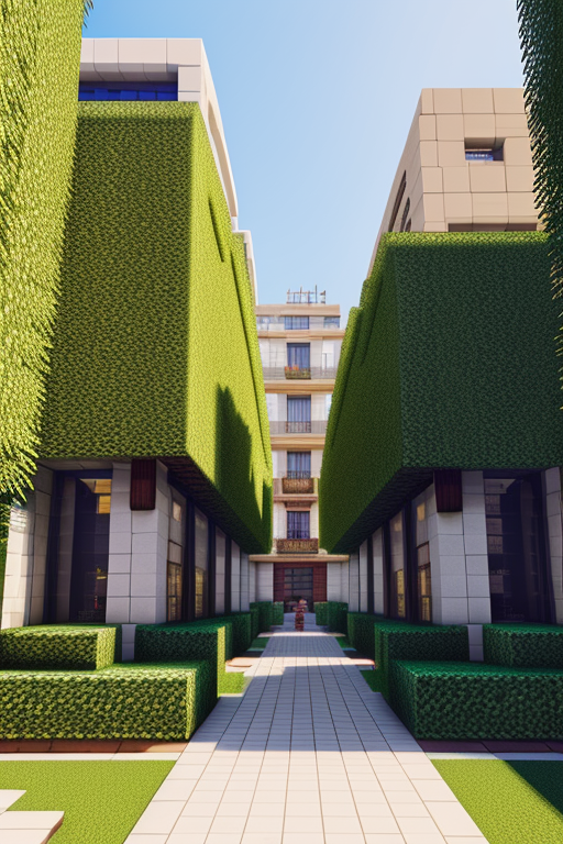 Create a village in minecraft, designed by Mies Van der Rohe, Neofuturist Architecture, afternoon, in Barcelona, 