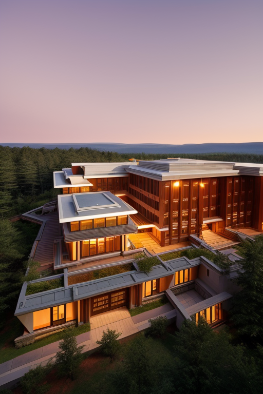 , Building, designed by Frank Lloyd Wright, Post-Modern Architecture, afternoon, on Mars, in the forest, Hotel