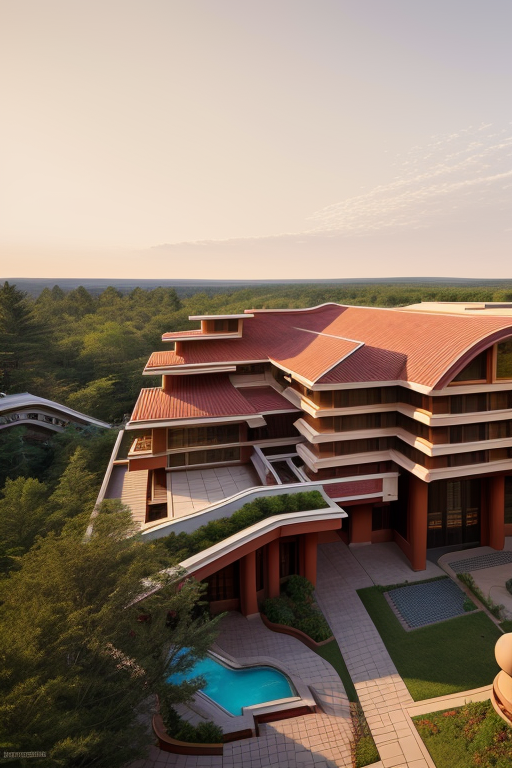 , Building, designed by Frank Lloyd Wright, Post-Modern Architecture, afternoon, on Mars, in the forest, Hotel