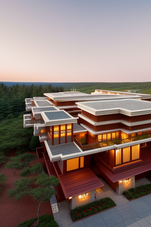 , Building, designed by Frank Lloyd Wright, Post-Modern Architecture, afternoon, on Mars, in the forest, Hotel