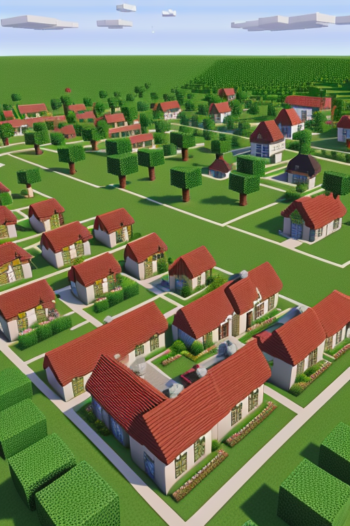 Create a village in minecraft, designed by Mies Van der Rohe, Neofuturist Architecture, afternoon, 