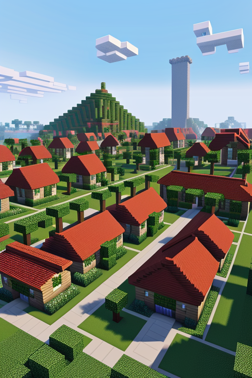 Create a village in minecraft, designed by Mies Van der Rohe, Neofuturist Architecture, afternoon, 