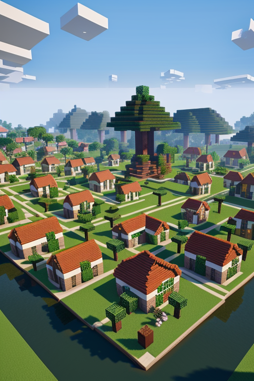 Create a village in minecraft, designed by Mies Van der Rohe, Neofuturist Architecture, afternoon, 