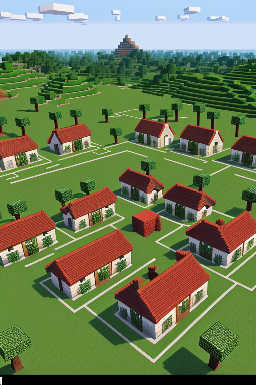 Create a village in minecraft, designed by Mies Van der Rohe, Neofuturist Architecture, afternoon, 