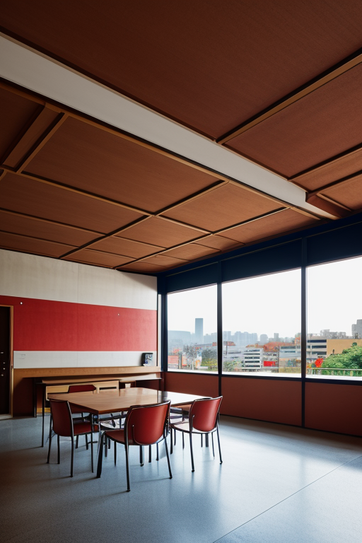 , Cafe, designed by Le Corbusier, Japanese architecture, afternoon, in Barcelona