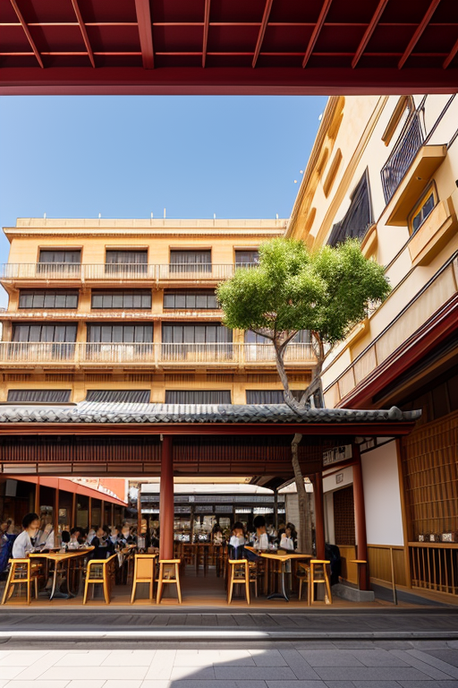 , Cafe, Japanese architecture, afternoon, in Barcelona, designed by Norman Foster
