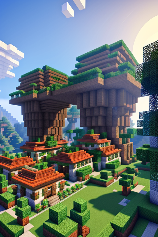 Create a village in Minecraft , with a Mexican style inspired in Jurassic Park  with a jungle touch, afternoon, designed by Gaudi, Post-Modern Architecture, Brutalist Architecture