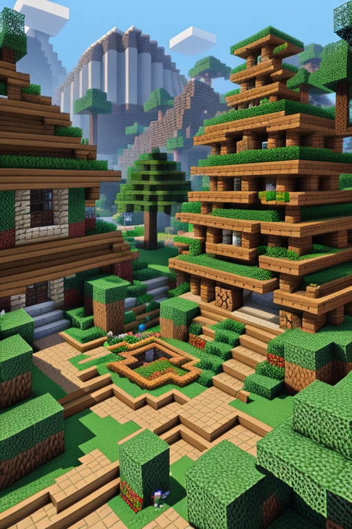 Create a village in Minecraft , with a Mexican style inspired in Jurassic Park  with a jungle touch, afternoon, designed by Gaudi, Post-Modern Architecture, Brutalist Architecture
