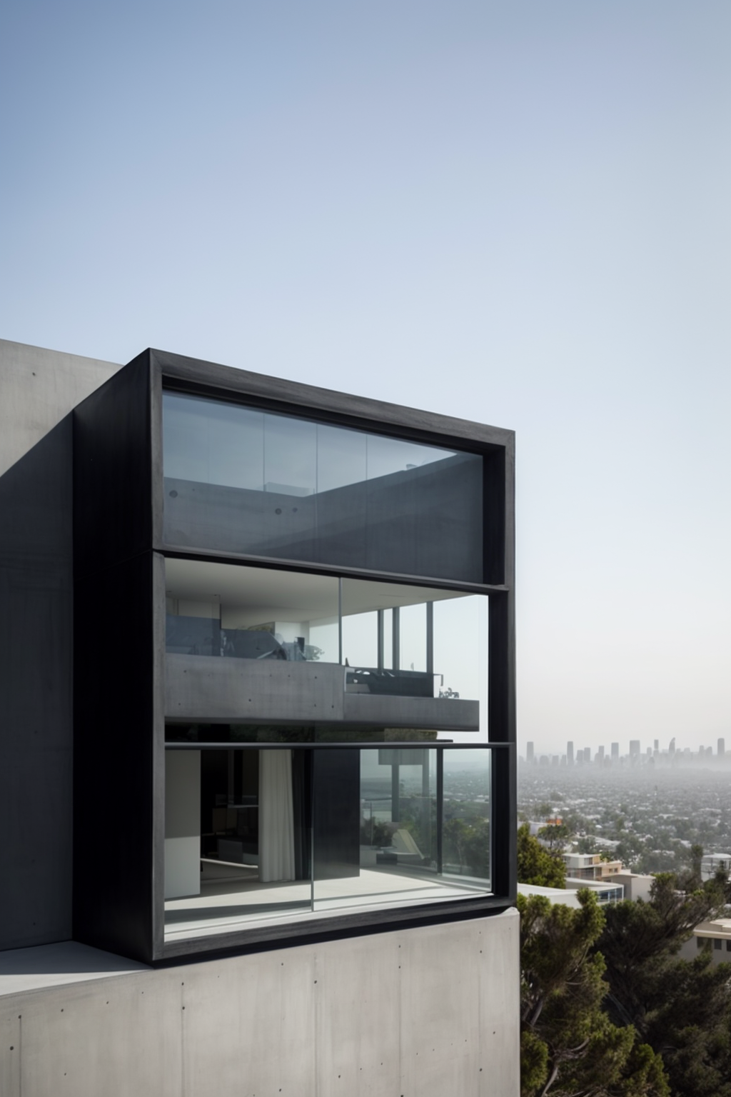 Villa, Modern Architecture, afternoon, Balenciaga style, Rick Owens, concrete and glass, simple shape single body, long vertical window spanning multiple floors, minimalism, on the cliffs, California, Los Angeles, Hollywood Hills