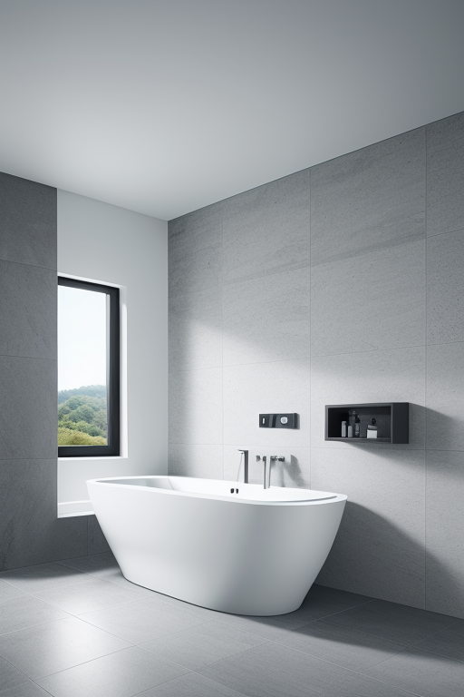 Genera un medio baño minimalista con acabados sencillos pero calidos y limpios
