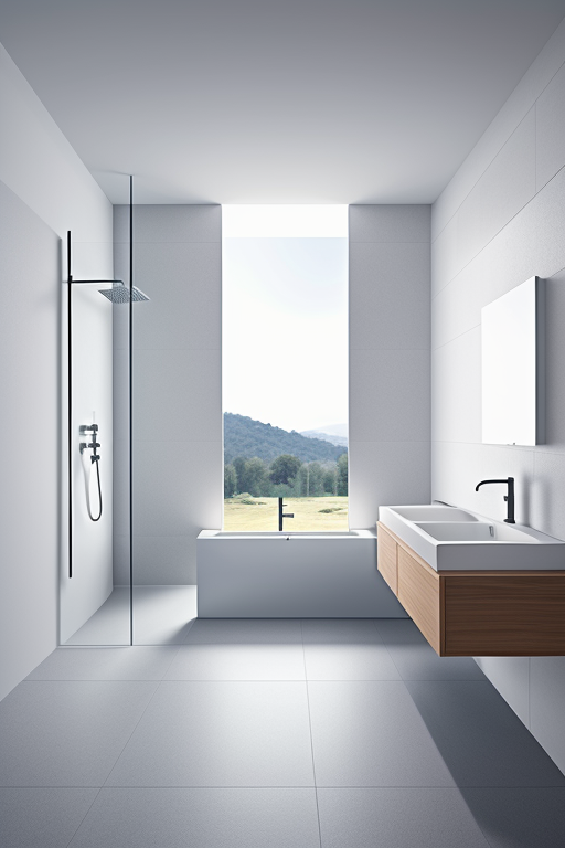 Genera un medio baño minimalista con acabados sencillos pero calidos y limpios
