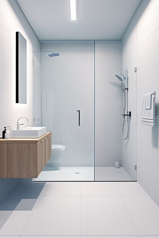 Genera un medio baño minimalista para un minimarket de 90.00 cm por 120.00 cm con acabados sencillos pero calidos y limpios
