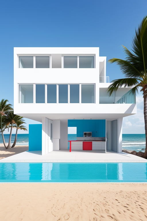 Una acojedora casa de playa minimalista con acabados muy suaves con colores que combinen con el ambiente de mar, Building, designed by Rem Koolhas, morning, in the ocean