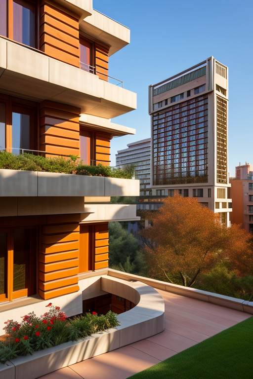 genera una edificacion bioclimatica, Building, designed by Frank Lloyd Wright, Modern Architecture, morning, in Barcelona
