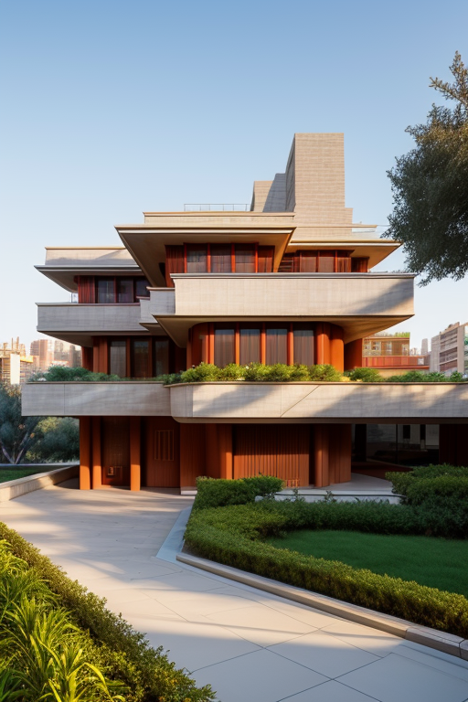 genera una edificacion bioclimatica, Building, designed by Frank Lloyd Wright, Modern Architecture, morning, in Barcelona