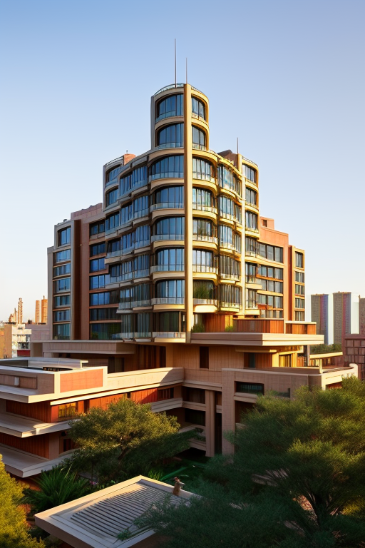 genera una edificacion bioclimatica, Building, designed by Frank Lloyd Wright, Modern Architecture, morning, in Barcelona