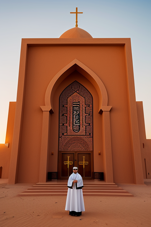 , Hotel, Church, designed by Rem Koolhas, Islamic architecture, Afro Futurism architecture, sunset, in the desert