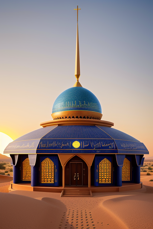 , Hotel, Church, designed by Rem Koolhas, Islamic architecture, Afro Futurism architecture, sunset, in the desert