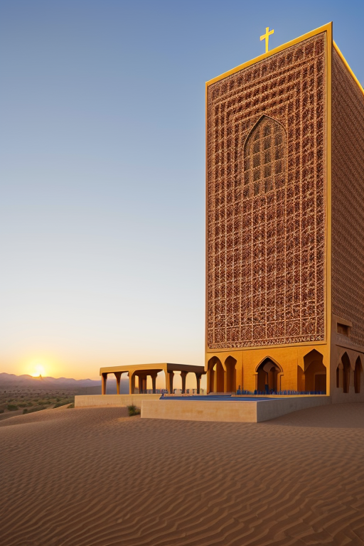 , Hotel, Church, designed by Rem Koolhas, Islamic architecture, Afro Futurism architecture, sunset, in the desert, designed by Renzo Piano, Islamic architecture