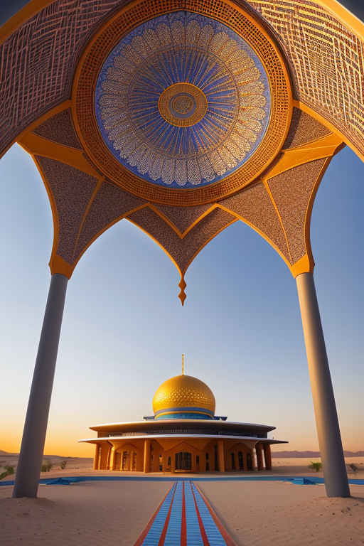 , Hotel, Church, designed by Rem Koolhas, Islamic architecture, Afro Futurism architecture, sunset, in the desert, designed by Renzo Piano, Islamic architecture