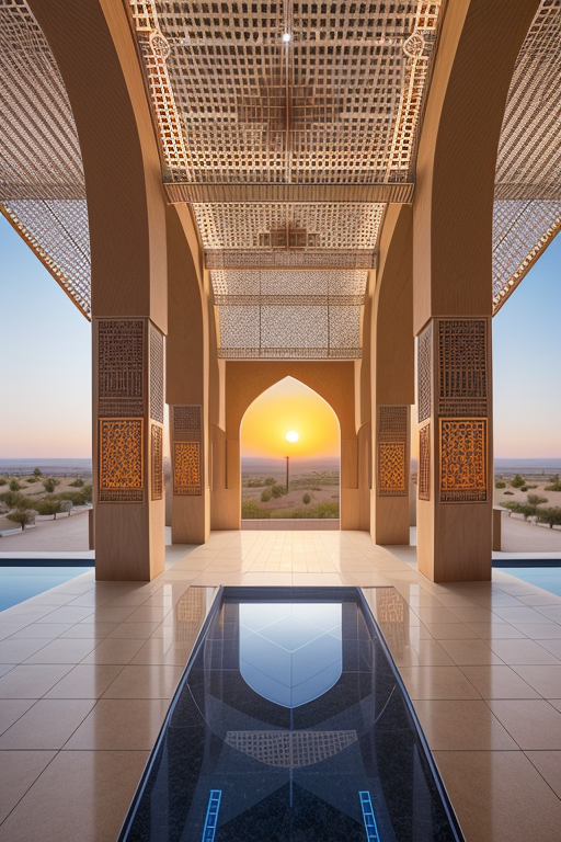 , Hotel, Church, designed by Rem Koolhas, Islamic architecture, Afro Futurism architecture, sunset, in the desert, designed by Renzo Piano, Islamic architecture, Post-Modern Architecture, designed by Mies Van der Rohe