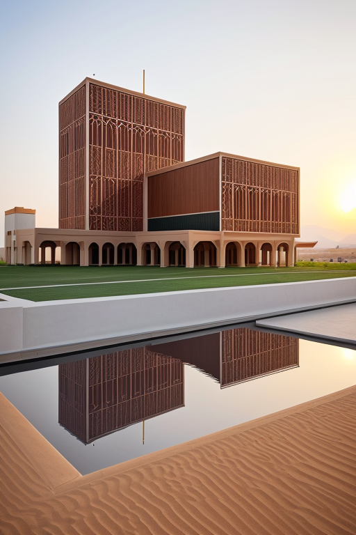 , Hotel, Church, designed by Rem Koolhas, Islamic architecture, Afro Futurism architecture, sunset, in the desert, designed by Renzo Piano, Islamic architecture, Post-Modern Architecture, designed by Mies Van der Rohe