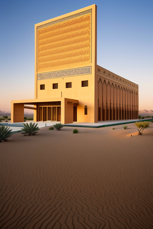 , Hotel, Church, designed by Rem Koolhas, Islamic architecture, Afro Futurism architecture, sunset, in the desert, designed by Renzo Piano, Islamic architecture, Post-Modern Architecture, designed by Mies Van der Rohe