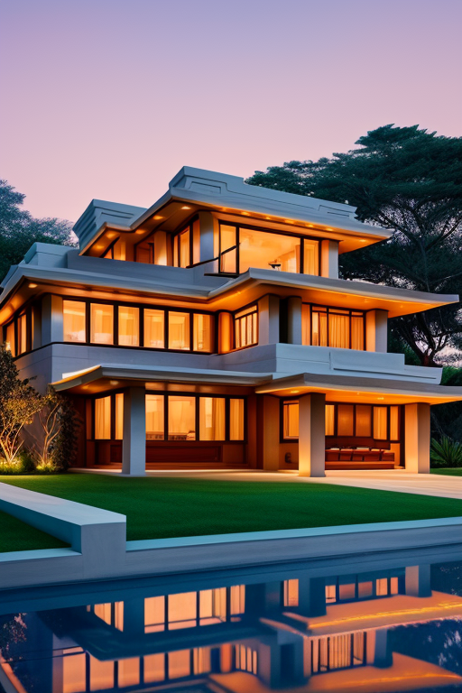 , Villa, designed by Frank Lloyd Wright, Neofuturist Architecture, sunset, on the beach