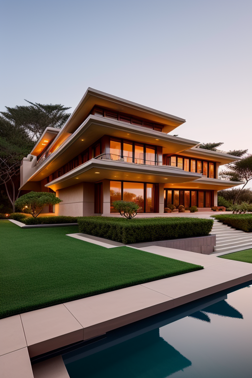 , Villa, designed by Frank Lloyd Wright, Neofuturist Architecture, sunset, on the beach