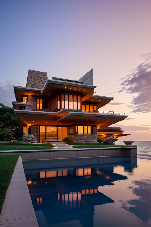 , Villa, designed by Frank Lloyd Wright, Neofuturist Architecture, sunset, on the beach