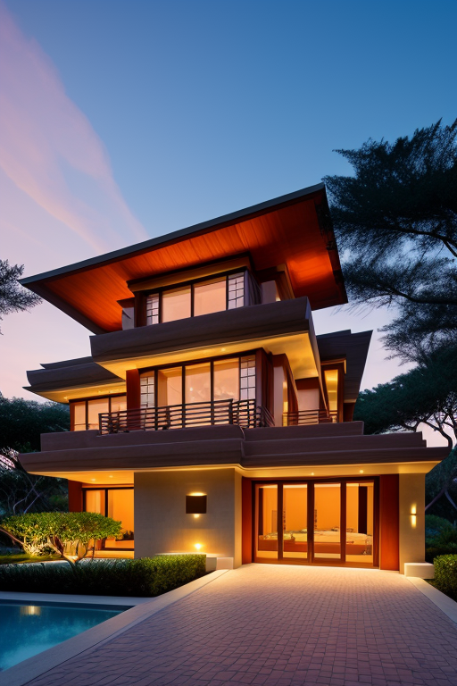 , Villa, designed by Frank Lloyd Wright, Neofuturist Architecture, sunset, on the beach